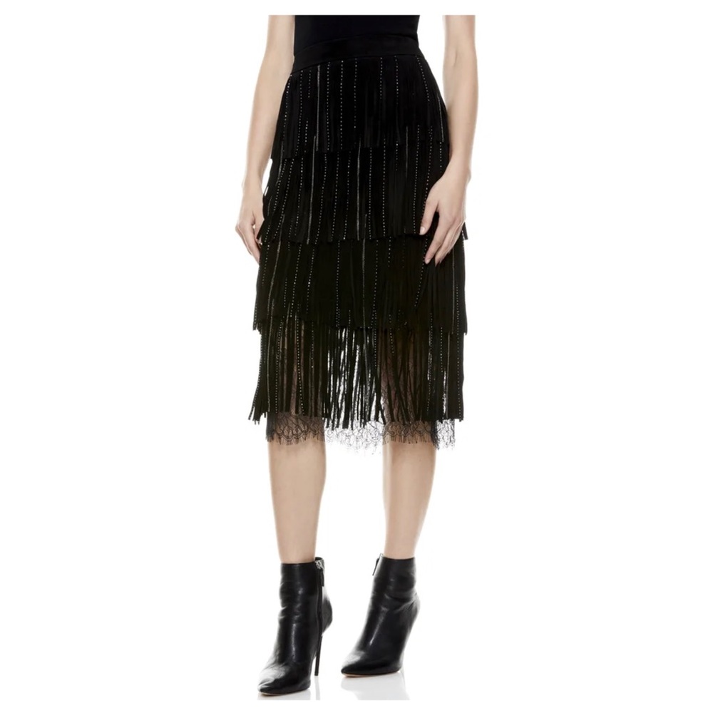 ALICE + OLIVIA Misha Suede Fringe Midi Skirt - Picture 4 of 13